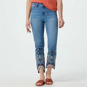 Laurie Felt Brand Daisy Denim Raw Hem Embroidered Jeans Slim Leg Women's 4